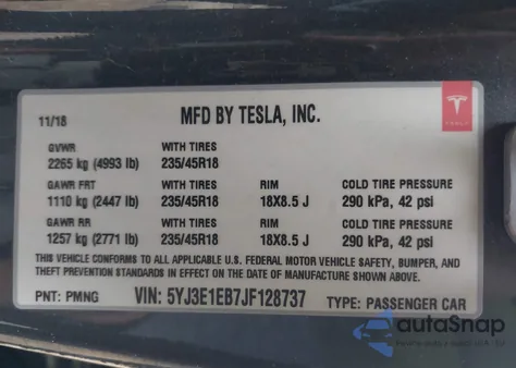 2018 Tesla Model 3 Long Range/Performance from USA, damaged, VIN 5YJ3E1EB7JF128737